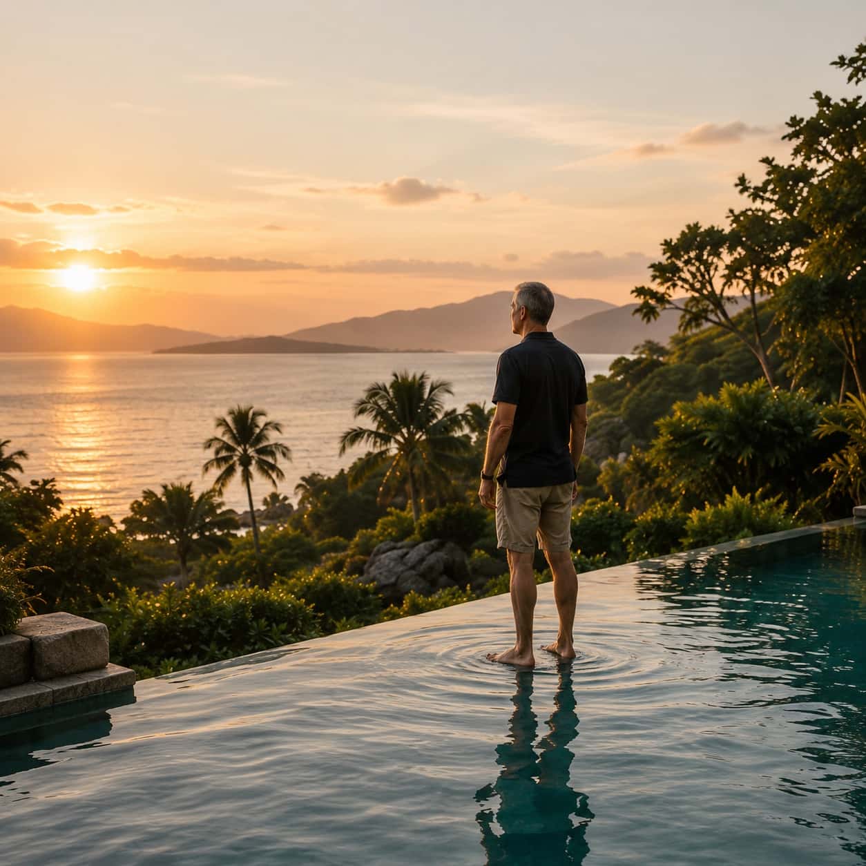 A guest standing in a quiet infinity pool at sunset
