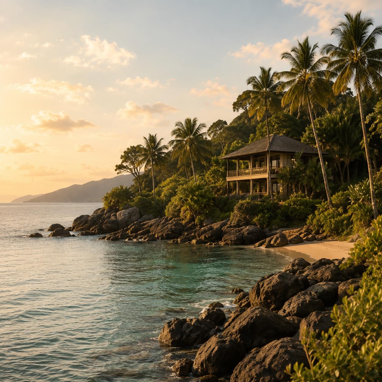 A secluded coastal retreat villa surrounded by tropical gardens