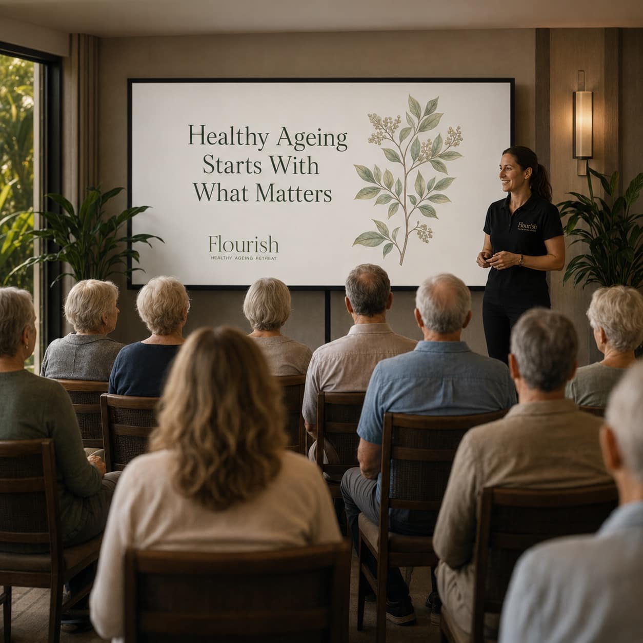 A Flourish healthy ageing workshop in a refined retreat room