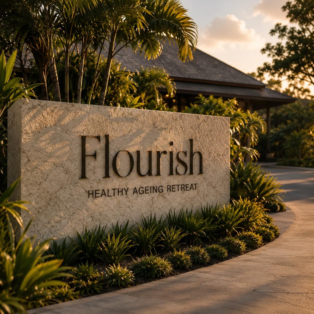 The Flourish retreat arrival sign set within tropical gardens