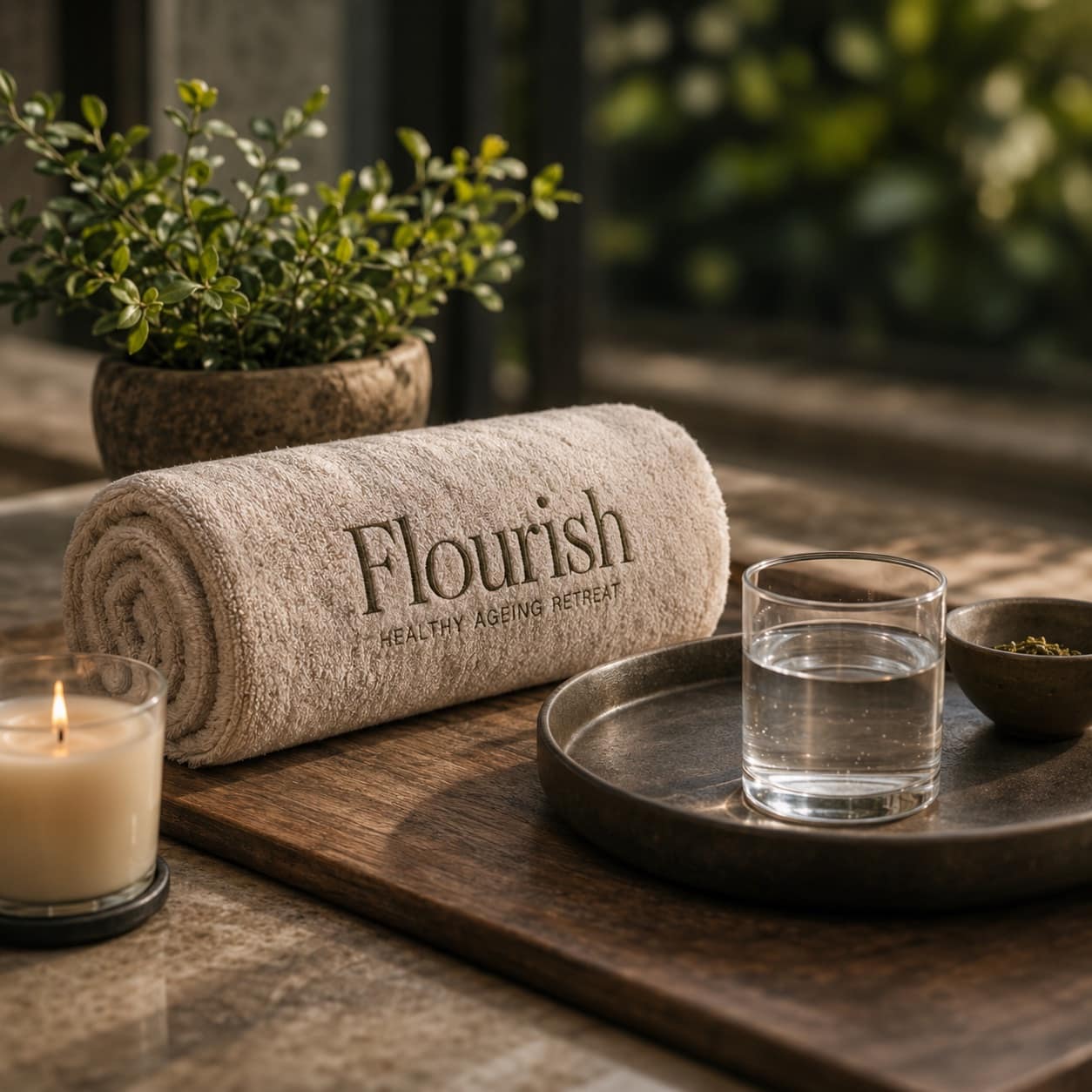 A refined Flourish retreat detail with towel, water and candlelight
