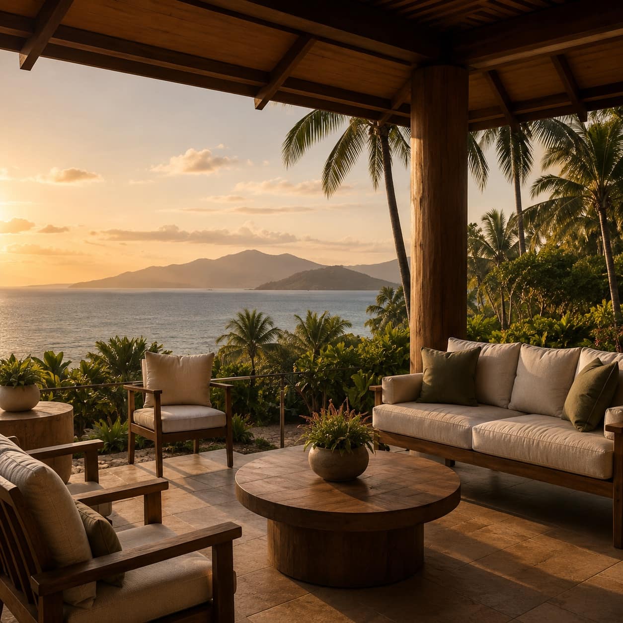 A premium retreat lounge with warm natural textures and coastal views